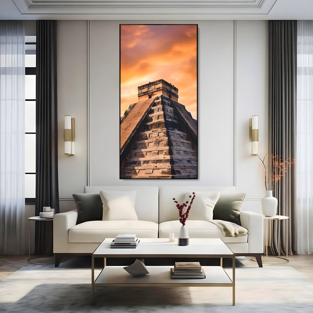 Tablou canvas cu tablou canvas cu piramida mayasa, in rama de aluminiu negru, pe perete intr-un living